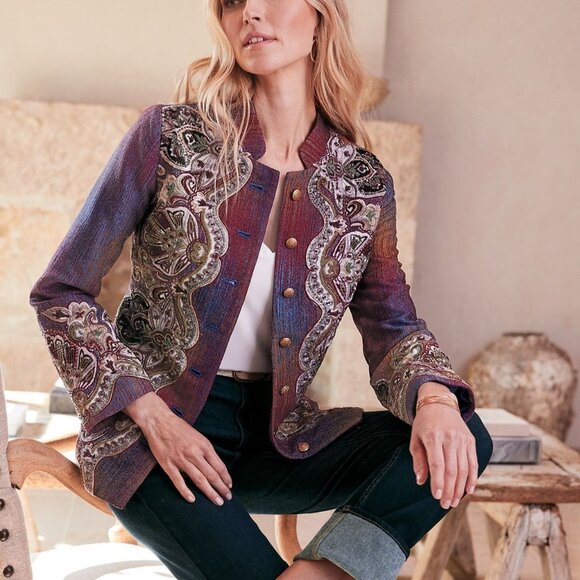 Soft Surroundings Vintage Maija Embroidered Jacket Velvet Bead Boho Maximalist M - Picture 1 of 11